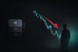 Ilustrasi grafik candlestick menurun di latar gelap dengan aksen teal, menggambarkan drawdown dan manajemen risiko trading